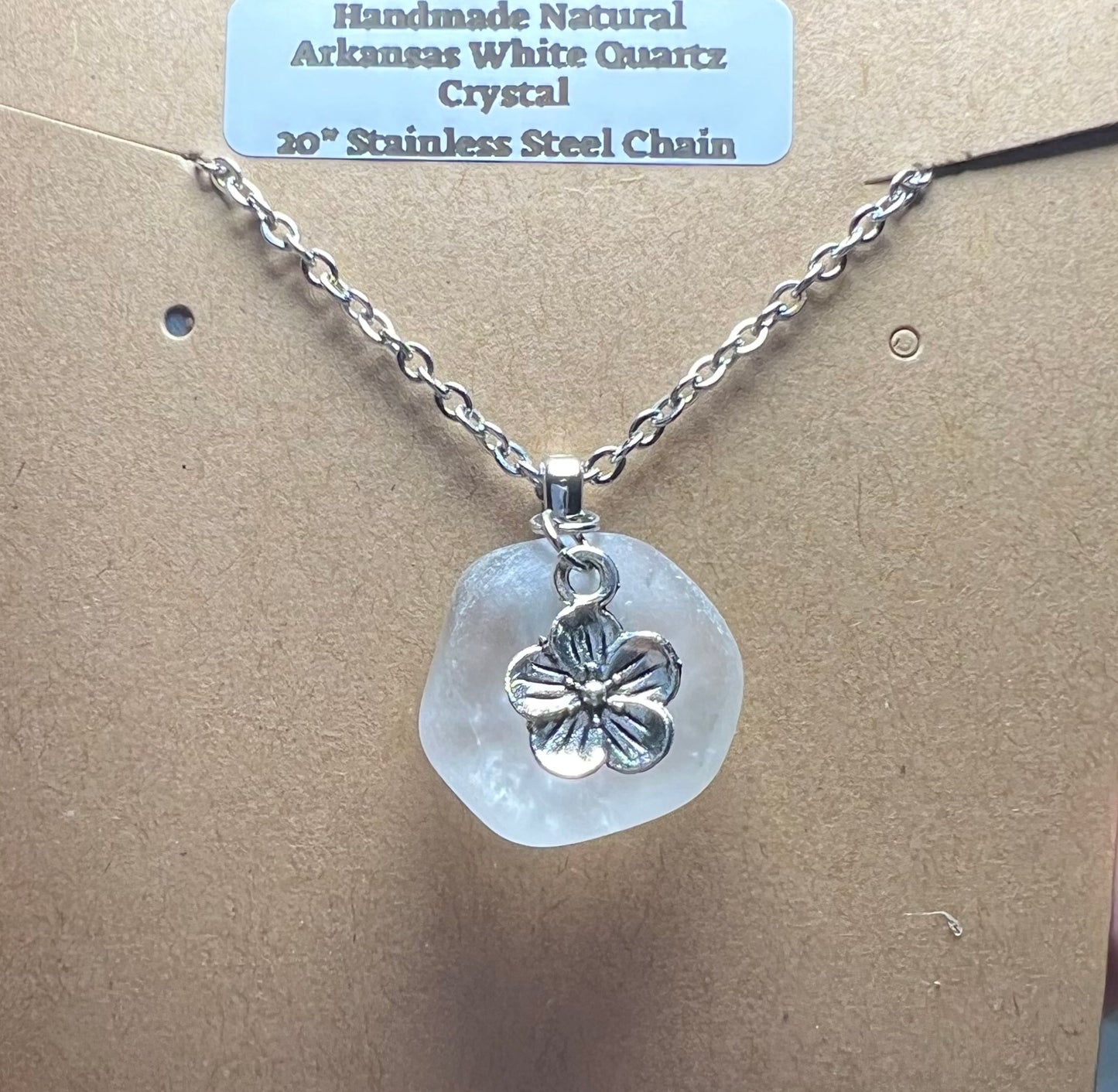 Handmade Natural Arkansas Milky White Quartz Crystal Necklace. Stainless Steel 20” Chain (23)