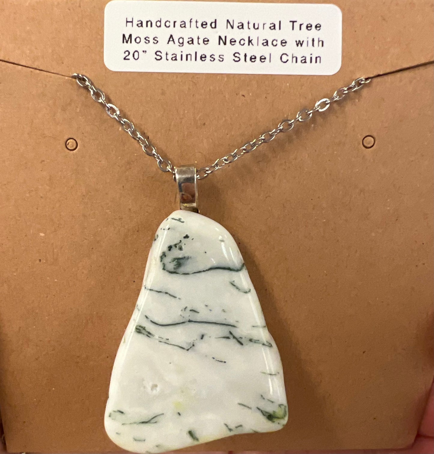 Handmade Moss Tree Agate Necklace with 20” Stainless Steel Chain (#021)