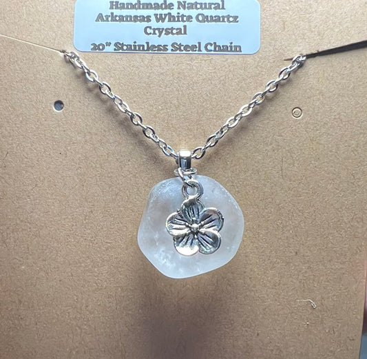 Handmade Natural Arkansas Milky White Quartz Crystal Necklace. Stainless Steel 20” Chain (23)