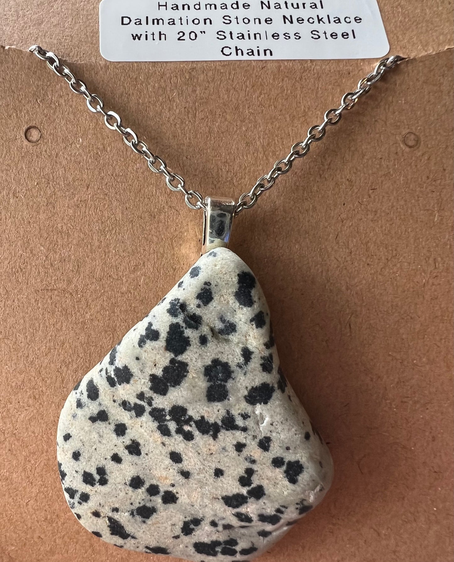 Handcrafted Natural Dalmation Stone Necklace with 20” Stainless Steel Chain (#037)