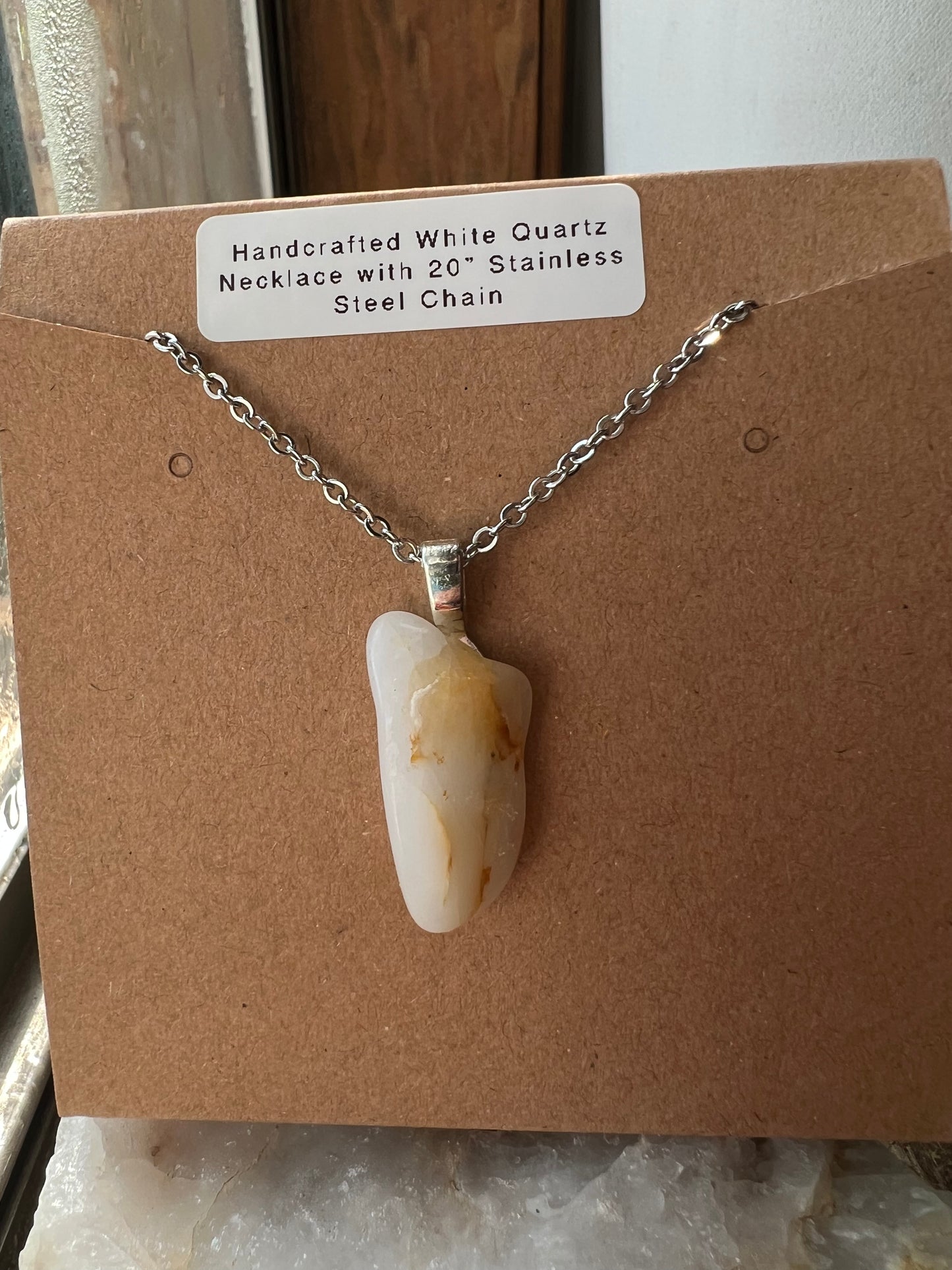 Handmade Arkansas Milky White Quartz Necklace with 20” Stainless Steel Chain (#016)