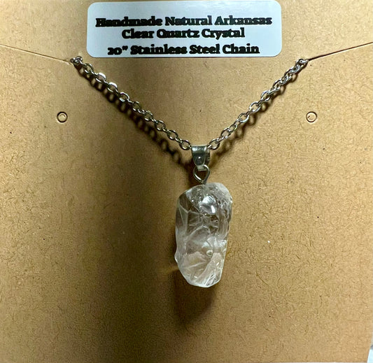 Handmade Natural Arkansas Clear White Quartz with 20” Stainless Steel Chain (09)