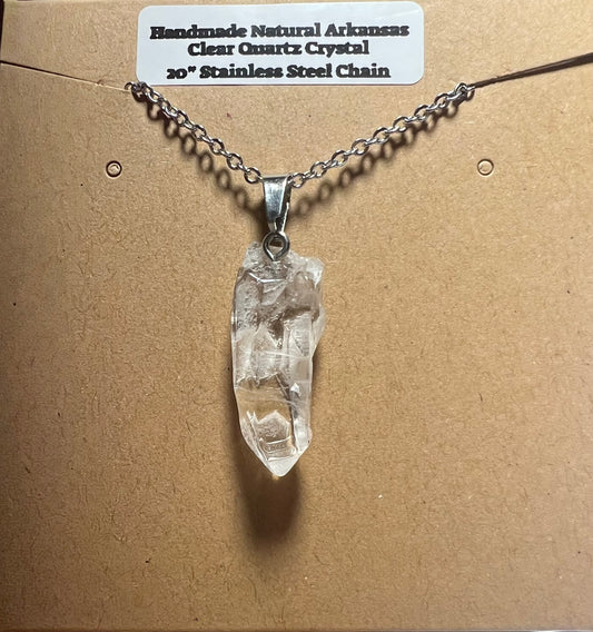 Handmade Arkansas Clear White Quartz Necklace with 20” Stainless Steel Chain (#04)