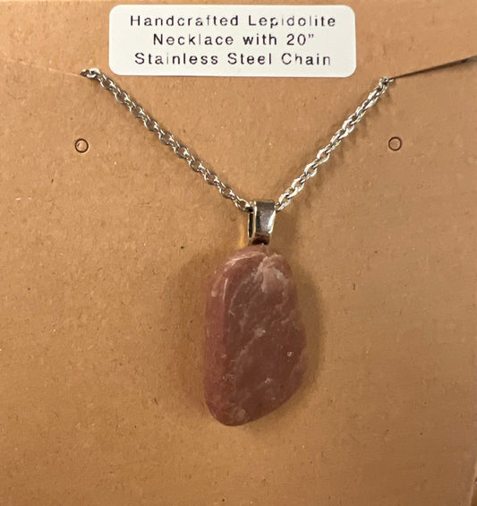 Handmade Natural Lepidolite Necklace with 20” Stainless Steel Chain (#001)