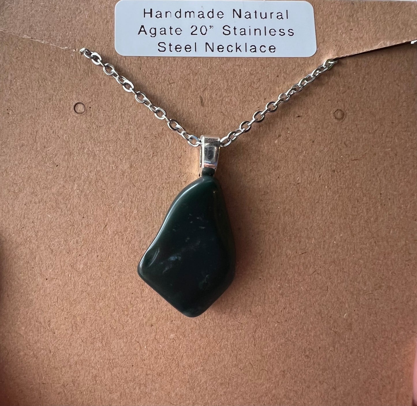 Handcrafted Natural Green Jade Necklace with 20” Stainless Steel Chain (#038)