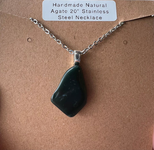 Handcrafted Natural Green Jade Necklace with 20” Stainless Steel Chain (#038)