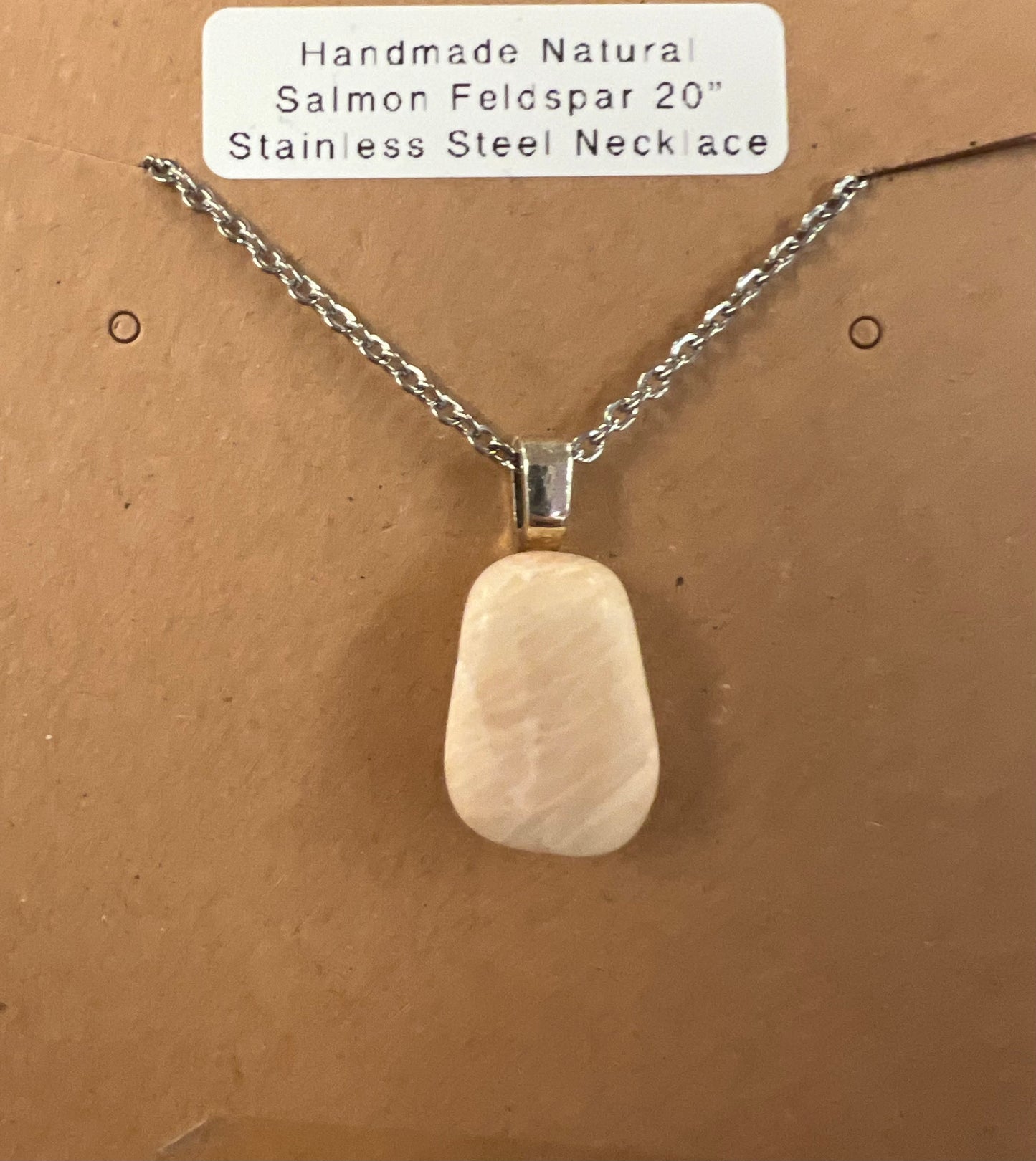 Handcrafted Natural Salmon Feldspar Necklace with 20” Stainless Steel Chain (#035)