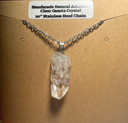 Handmade Arkansas Clear White Quartz Necklace with 20” Stainless Steel Chain (#05)