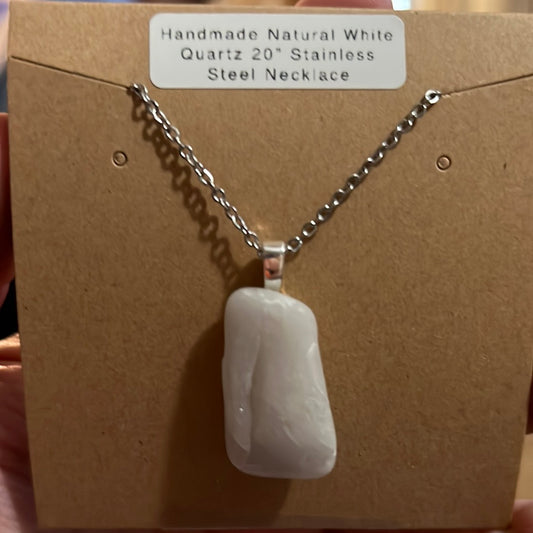 Handcrafted Natural Arkansas White Quartz Necklace with 20” Stainless Steel Chain (#031)