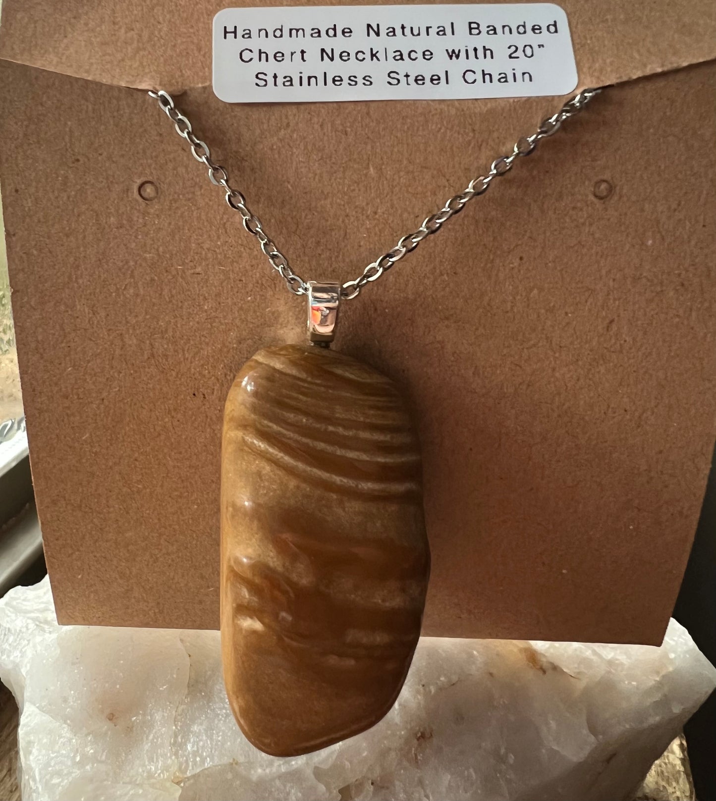 Handcrafted Natural Banded Chert Necklace with 20” Stainless Steel Chain (#045)