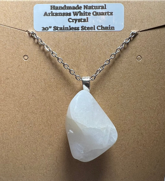 Handmade Natural Arkansas Milky White Quartz Crystal Necklace. Stainless Steel 20” Chain (22)