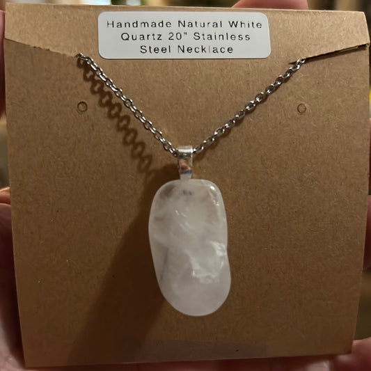 Handcrafted Natural Arkansas White Quartz Necklace with 20” Stainless Steel Chain (#030)