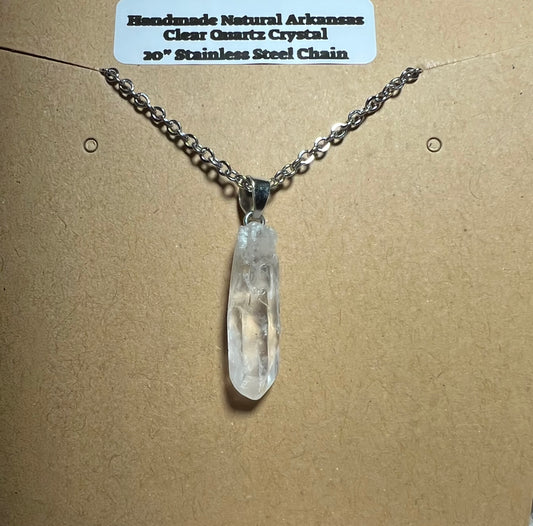 Handmade Natural Arkansas Clear White Quartz with 20” Stainless Steel Chain (08)
