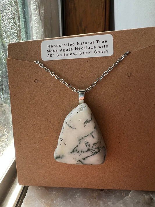 Handmade Moss Tree Agate Necklace with 20” Stainless Steel Chain (#020)