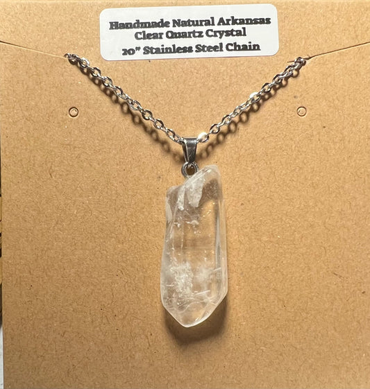 Handmade Arkansas Clear White Quartz Necklace with 20” Stainless Steel Chain (#01)