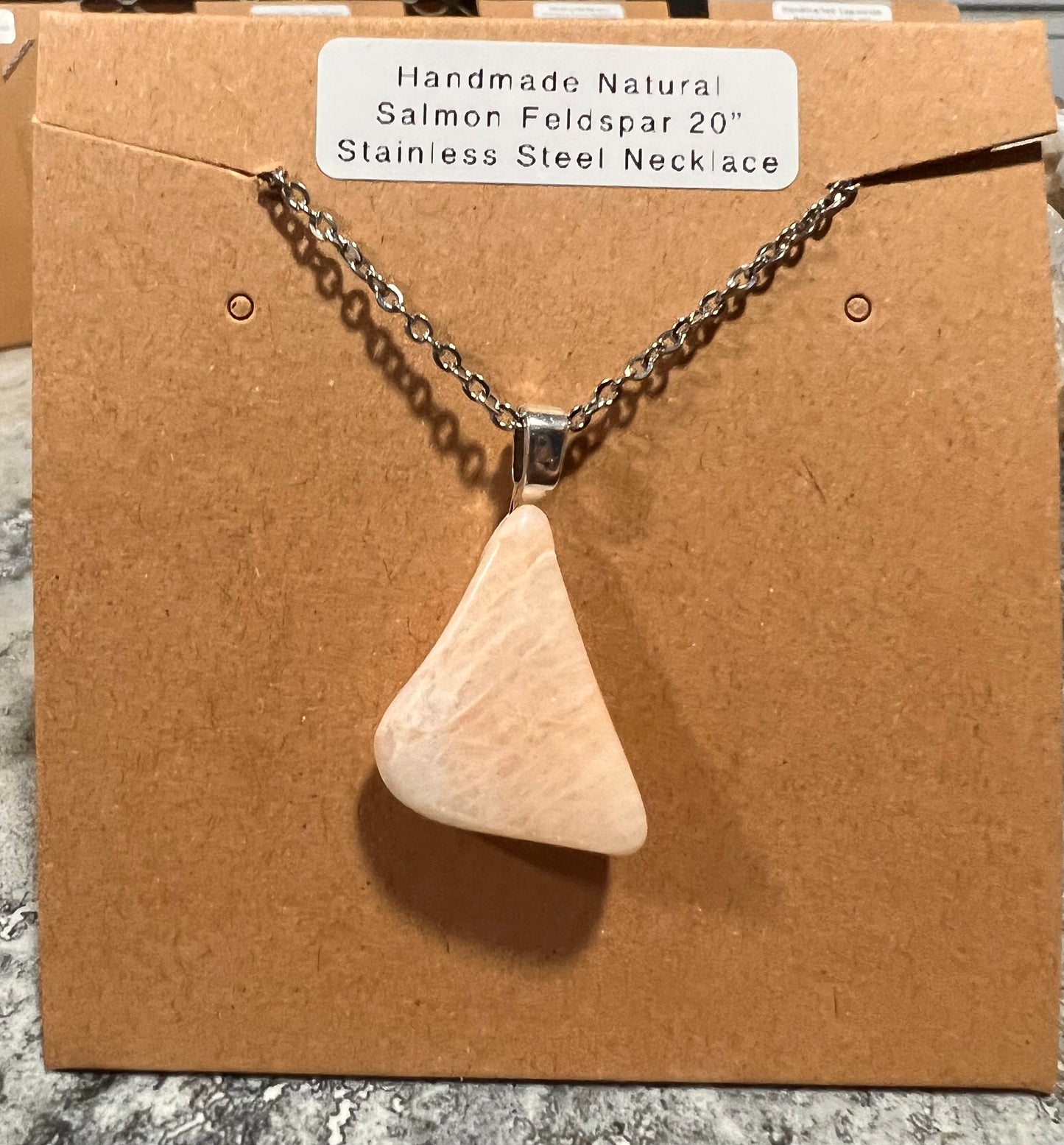 Handcrafted Natural Salmon Feldspar Necklace with 20” Stainless Steel Chain (#024)