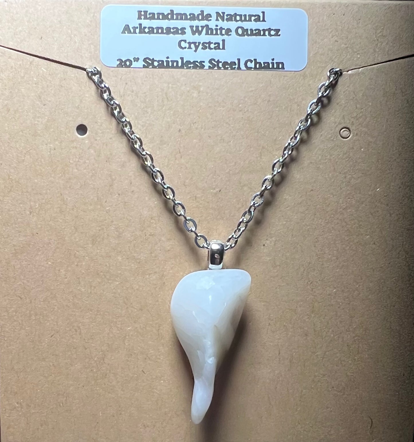 Handmade Natural Arkansas Milky White Quartz Crystal Necklace Stainless Steel 20” Chain (24)