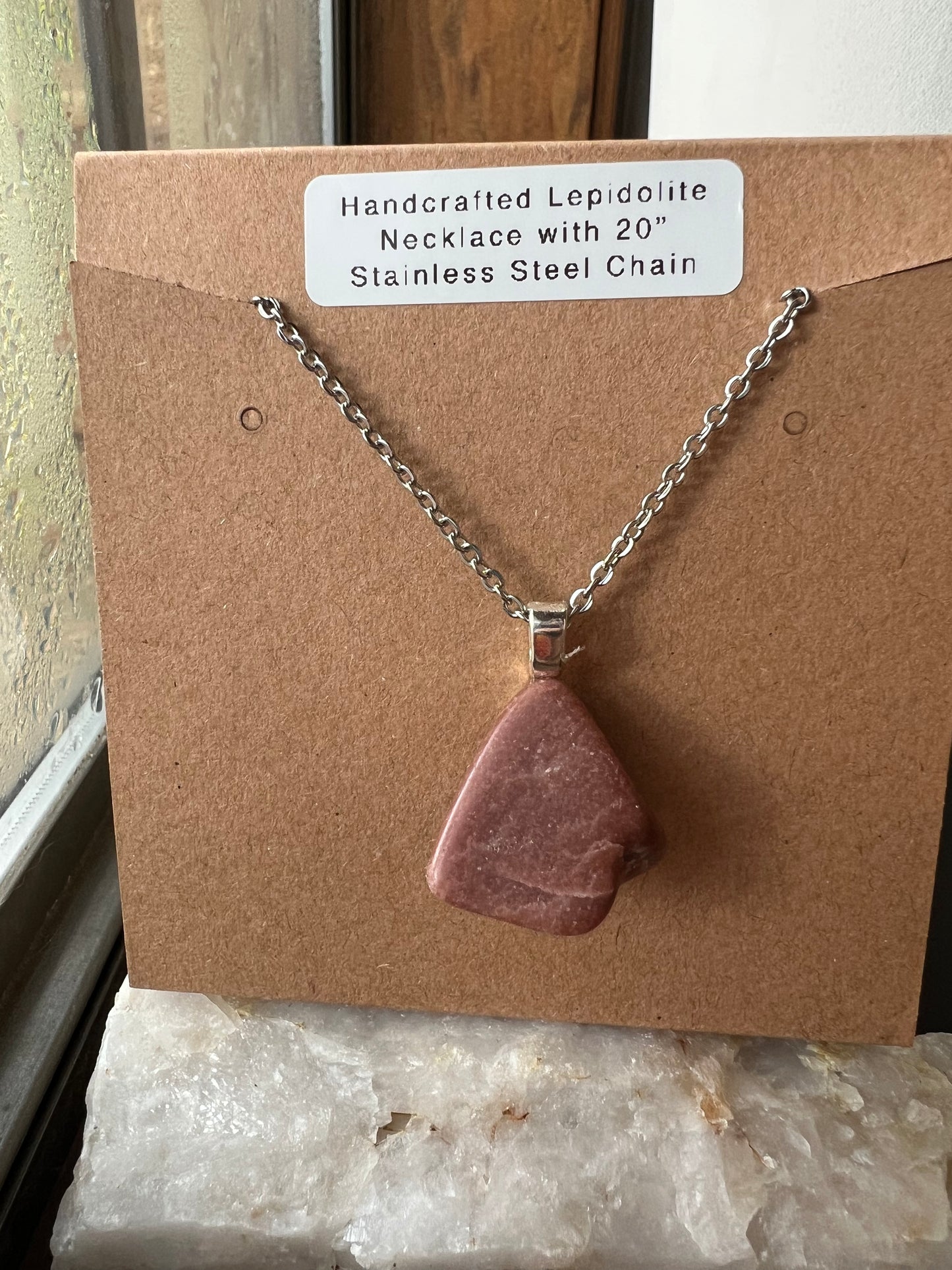 Handmade Natural Lepidolite Necklace with 20” Stainless Steel Chain (#003)